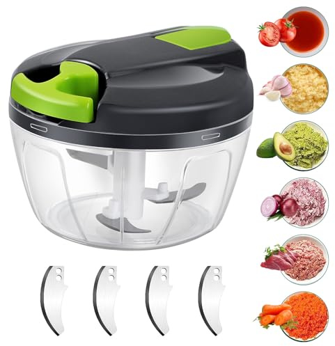 Tritatutto manuale per cipolle, 520 ml, tritatutto per cipolle, tritatutto manuale con corda, tritatutto a 3 lame in acciaio inox