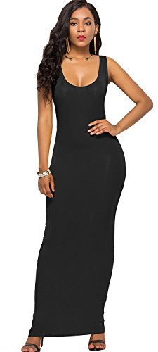 TEERFU Ärmlös maxiklänning i lång längd, hellång bodycon tank klänning, Svart, S
