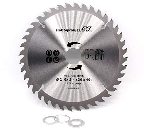 Kreissägeblatt Sägeblatt Hartmetall für Holz Tischkreissäge Kappsäge Gehrungssäge 210 x 30 mm 40 Z Zähne + 3 Reduzierringe auf 24,4mm, 20mm und 16mm