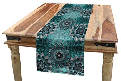 ABAKUHAUS Mandala Tischläufer, Hippie Oriental Frühling, Esszimmer Küche Rechteckiger Dekorativer Tischläufer, 40 x 225 cm, Taupe Schwarz Türkis