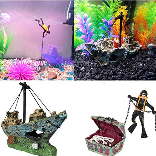 Aquarium Dekoration Schiff + Aquarium Taucher, Corsair Schiff Versunkene Boot Segelschiff, Aquarium Ornament Taucher Unterwasser Treasure Chest Schatzkiste Aquarium Zubehoer Deko für Fisch Schildkröte