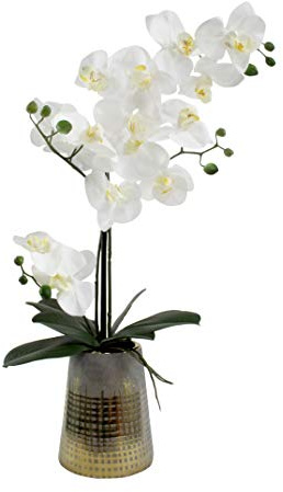 DARO DEKO Kunst-Pflanze Orchidee konischer Topf grau Gold und weiße Blüten 58cm hoch