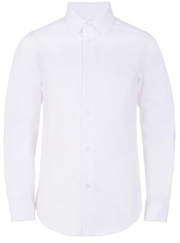 Calvin Klein Boys' Long Sleeve Slim Fit Dress Shirt, Button-Down Style with Buttoned Cuffs & Shirttail Hem, White, 14
