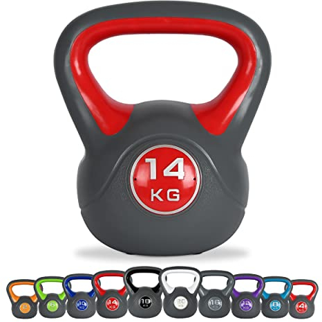 MSPORTS Kettlebell 2 – 20 kg inkl. Übungsposter Kugelhantel (14 Kg - Rot)