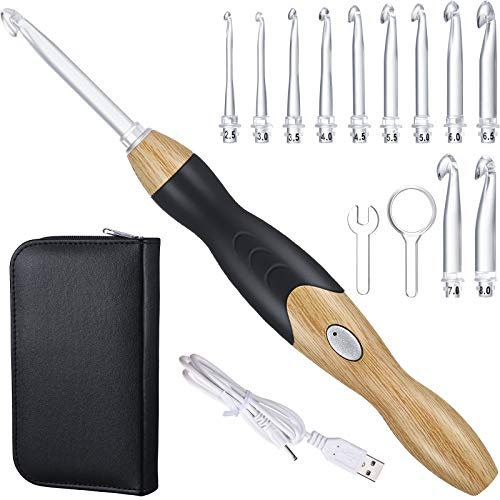 11 Tailles Ensemble Aiguilles à Crochets Lumineuses - Rechargeable avec Étui, Têtes Interchangeables de 2,5 mm à 8 mm (Couleur du Bois-Noir)
