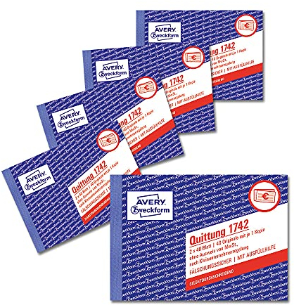 AVERY Zweckform 1742-5 Quittungsblock Kleinunternehmer (A6 quer, 2x40 Blatt mit Durchschlag, fälschungssicher, ohne MwSt. für Deutschland/Österreich, nach Kleinunternehmerregelung) weiß/gelb, 5er-Pack