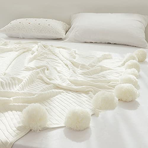 Zoomlie Flauschige Plüsch-Strickdecke mit Pompon-Fransen, 100 % Baumwolle, weich, gemütlich, warm, hypoallergen, gestreifte Decke für Sofas, Bett, Sofa, Couch (Beige, 100 x 150 cm)