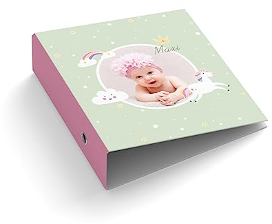 Ringordner personalisieren | Ordner | mit Foto + Name gestalten | Einhorn Regenbogen | viele Farben | Mit Griffloch | für DIN A4 | 7,4 cm breit | viele Farben | Baby | Geburt | Kinder (Grün)