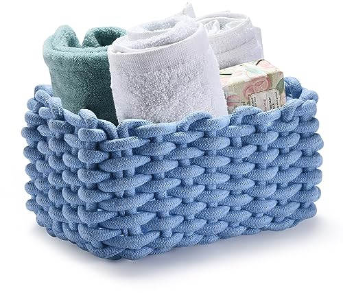 QSIDE - Panier de rangement en coton - 25 x 17 x 13 cm - Organiseur de salle de bain - Panier de rangement tressé - Panier à serviettes d'invité - Organiseur de commode à langer - Bleu
