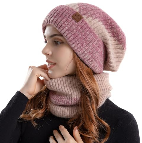 AYPOW Conjunto Bufanda y Gorro Invierno Mujer, 2 en 1 Set Gorros de Punto y Bufanda con Doble Suave Forro Polar Conjuntos, Conjunto de Bufanda y Gorro de Invierno Para Deportes Al Aire Libre