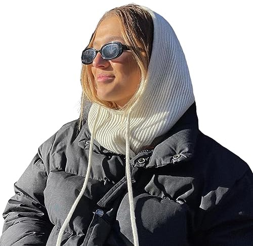 Betrodi Balaclava Knitted Winter Hat for Women Warm Windproof Hooded Scarf Beanie Hats with Adjustable Drawstring Skull Cap (White, One Size)