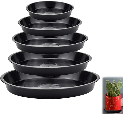 ZEACCT 5 Paquete de Platos para Plantas, Bandeja Plástica Redonda de la Planta, Bandeja para Plantas Resistente, Resistente Y Duradera para Jardines Interiores Y Exteriores - Color Negro