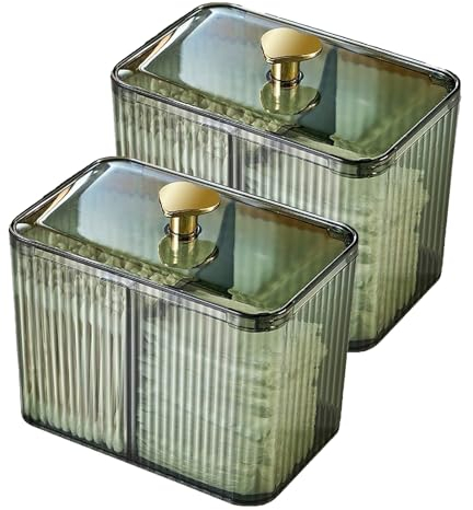 Lot de 2 boîtes à cotons-tiges en acrylique avec couvercle en bambou - Distributeur de cotons-tiges en acrylique transparent pour cotons-tiges, tiges d'oreille, cure-dents (2 verts)