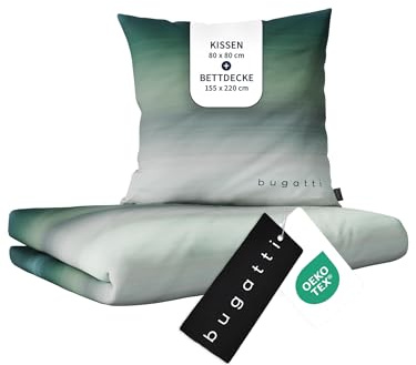 bugatti Bettwäsche 155 x 220 cm - 100% Baumwolle, Reißverschluss, anschmiegsam, weich & waschbar, Mako Satinbettwäsche gestreift grau grün