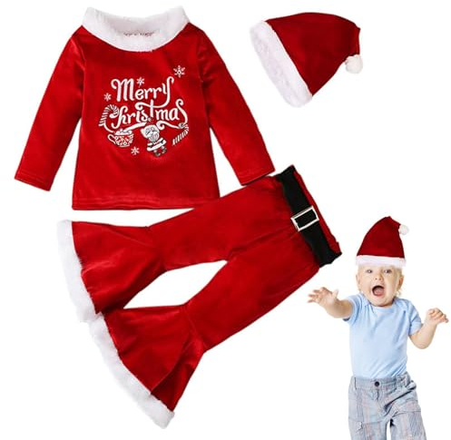 Derwrtup Mädchen-Weihnachtsmann-Kostüm | Samtpullover + Schlaghose + Weihnachtsmütze,Rundhals-Hemden mit Weihnachtsmann-Aufdruck, Sweatshirt, Blumen-Weihnachtsmann-Schlaghose zum Verkleiden,