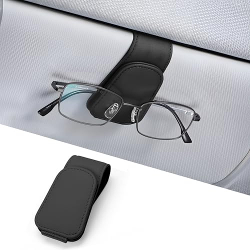 JOYIT Brillenhalter für Auto Sonnenblende, Echt Leder Sonnenbrillenhalter | Magnetische Brillenhalterung, Universal Brillenhalter, Ticket-Kartenclip