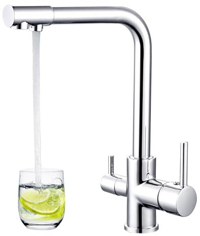 Sistaby 3 Way Kitchen Tap Chrome 3 in 1 Water Tap Filter for Kitchen Sink Taps with Drinking Water Filtered Outlet Dual Lever Kitchen Mixer Tap 360° Swivel Triflow Clean Water Tap