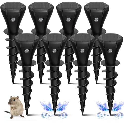 8 Pack Mole Repellent Solar Powered, Snake Vole Repellent Outdoor, IP65 Waterproof Snake Deterrent Gopher, Waterproof Sonic Mole Spikes for Lawn and Garden, Get Rid of Moles, Groundhogs, and Rodents