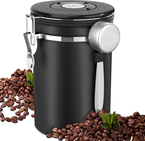 Jesustree Bote Hermetico para Café, 1.8L Tarro de Café Recipiente de Acero Inoxidable con Valvula de CO2 y Cuchara, Lata para café para Cafe Grano o Molido, Polvo, Té, Nueces, Cacao-Negro