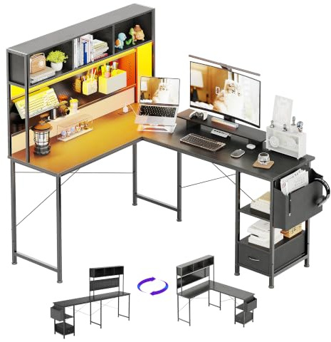 CAIYUN 148x120cm L-Shaped Corner Gaming Desk, Reversible Computer Workstation with RGB LED Lighting, Charging Socket, Pegboard Organizer, Monitor Stand & Storage Shelf, Black