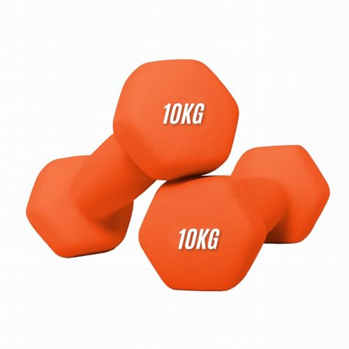 Neoprene Dumbbells Set 0.5-10 kg Pairs | Non-Slip Coated Weights for Aerobic Workout & Strength Training | Hex Hand Dumbbells for Home Gym Fitness in Orange, Blue & Pink (Orange, 10KG Pair)