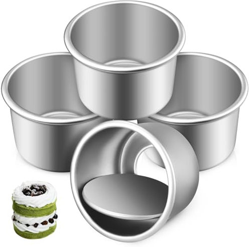 DECHOUS 4Pcs Mini Cake Tins 2 Inch - Non-Stick Small Deep Round Cake Tins with Removable Bottom - Aluminum Mini Cheesecake Moulds for Baking Cupcakes Muffin