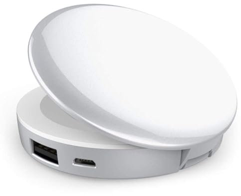 KhUkhu Power Bank Mini Specchio Rotondo A LED con Ingrandimento 1X/3X, Illuminato, Portatile, Compatto, da Viaggio, per Il Trucco, per Caricare iPhone/iPad/Android,Bianca