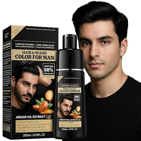 Shampoo Colorante Nero per Uomo 200ml – Copertura 100% dei Capelli Bianchi, Tinta Semipermanente Facile da Usare, Risultato Naturale e Immediato