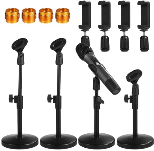 4 PCS Adjustable Desktop Microphone Stands, Desk Mic Holder with Mic Clip and Phone Clamp, Heavy Duty Metal Base, Includes 3/8 to 5/8 in Adapter Brand: OMISTAR