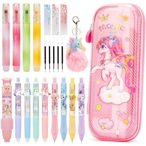 Anyfirst Einhorn Federmäppchen Mädchen mit Stifte, Einhorn Geschenke für Mädchen 4 5 6 7 8 9 Jahre, Kawaii Stifte Set & Schreibwaren Set mit Mäppchen, Textmarker & Radiergummi Stift, Rosa