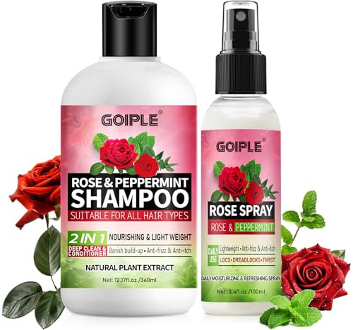 Rose Water for Hair Duo Set - 2 In 1 Shampoo and Conditioner Hair Care Set with Moisture Renewing Spray - Shampoo for Dry Hair & Refreshing Loc Mist for Dreadlocks, Braids & Natural Curls