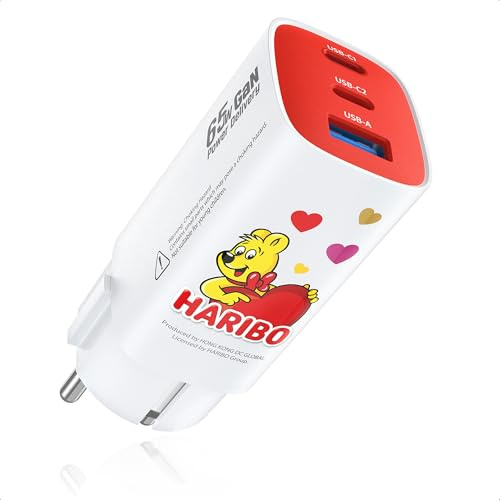 HARIBO USB C Ladegerät 65W 3-Port USB-C Netzteil Schnellladegerät PD PPS kompatibel mit MacBook, für iPhone 17/16/15, iPad, Galaxy S25/S24, Pixel, Steam, Sicherheit Stecker mit Erdung, Geschenk, Rot