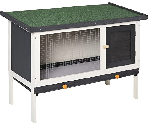 PawHut Conejera de Madera, Jaula para Conejos Medianos con Techo Asfáltico Abatible, Bandeja Extraíble, Puerta con Pestillo, Conejera Elevada Exterior, para Cobayas y Chinchillas, 90x45x65 cm, Gris