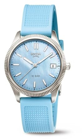 Boccia Titanium Damenuhr 3356-03 Titan 35 mm mit blauem Zifferblatt, Quarz Armbanduhr mit PU Armband blau, wasserdicht 10 bar, leicht und antiallergisch, sportlich elegant