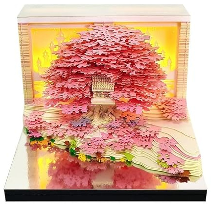 2026 3D Paper Sculpture Calendar with LED Light, Creative Tear-off Art Memo Pad, Whimsical Desktop Ornament, Unique Gift for Christmas, Birthday & Office Decor (Red Treehouse)