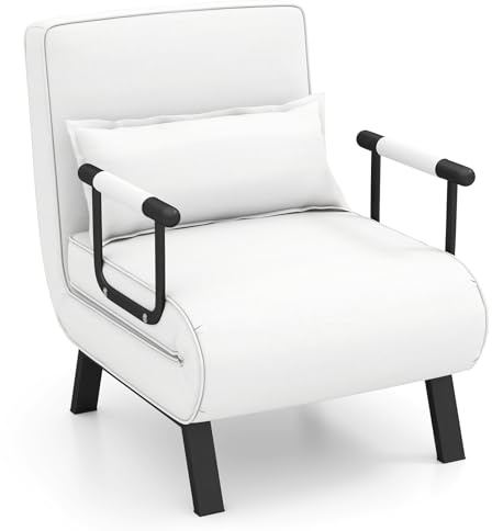 COSTWAY 4 in 1 Poltrona Letto Singolo, Poltroncina Pieghevole con Schienale Regolabile in 6 Posizioni, Sedile Imbottito Robusto, Divano Letto per Casa Ufficio, 79x65x79 cm (Bianco)