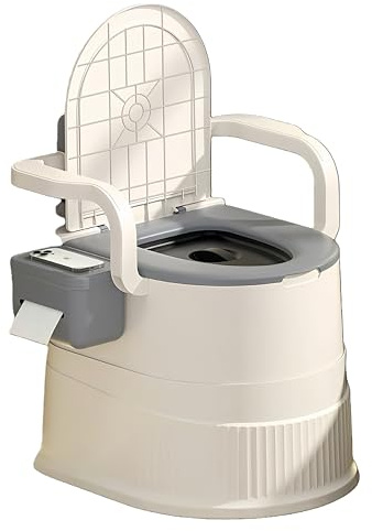 RVTENRIO Tragbare Campingtoilette: Ergonomisch mit Rückenlehne, Armlehnen und Deckel - 150 kg Tragfähigkeit, leicht zu reinigen für Senioren, Schwangere, Camping, Wohnmobil und häusliche Pflege（Grau）