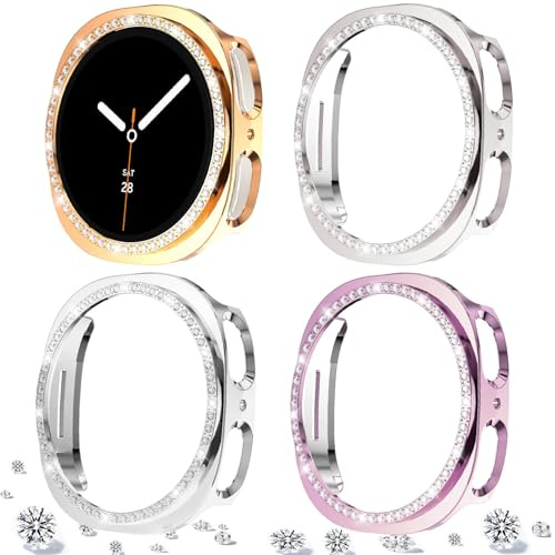 DEALELE [4-pack] klockfodral kompatibelt med Samsung Galaxy Watch 8 44 mm, bling, en rad diamant PC skyddande fodral, ersättning klockskydd, stötfångare (44 mm, rosa + roséguld + stjärnljus + silver)