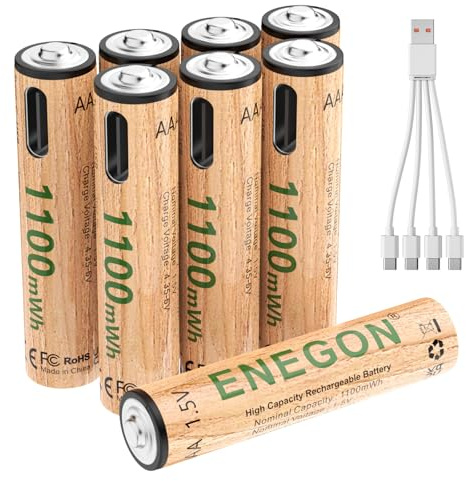 ENEGON 8-Pack Rechargeable AAA Lithium Batteries, 1100mWh 1.5V with USB-C Cable,Ideal for High-Drain Devices like Ear thermometers, Digital kitchen scales, Locomotive Train Toy, 500+ Charge Cycles.