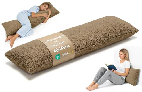 Sidsovarkudde 40x145 cm avtagbart överdrag – ergonomisk kroppskudde body pillow för sidsovare Bouclé mjuk andas formstabil – OEKO-TEX certifierad Brun