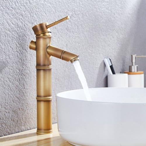 HpLive Robinet de Lavabo en Laiton Antique en Bambou Robinet de Lavabo avec Mitigeur à Levier Unique pour Eau Chaude et Froide pour Salle de Bain Cuisine (L)