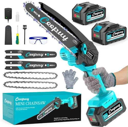 CEEPUY Mini Motosierra de Batería 2x4000 mAh, Motosierra Eléctrica Inalámbrica de 20,3 cm Con Inyector de Aceite y Cadena de Repuesto, Adecuada Para la Poda de Árboles de Jardín (880W)
