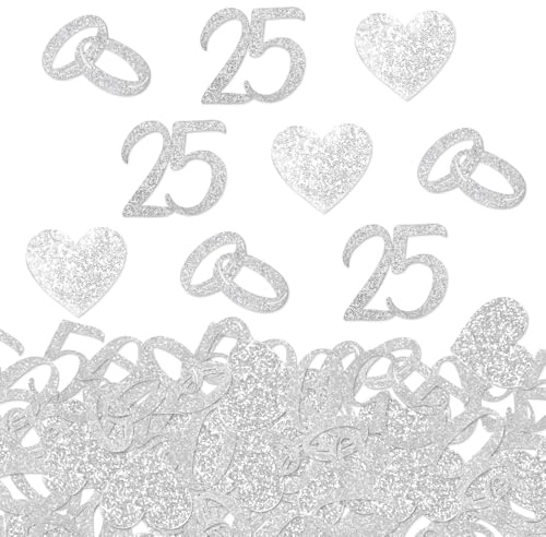 100 StüCk Silberhochzeit Glitzer 25 Deko Konfetti, Silber Hochzeit Konfetti Mit 25, Ringe, Herz Motiven, Silberhochzeit Deko für Party Geschenke Das 25. JubiläUm, 25. Hochzeitstag Uvm