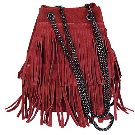 OBC Made in Italy Damen Leder Tasche Kettentasche Bucket Bag Fransen Wildleder Handtasche Umhängetasche Schultertasche Ledertasche Beuteltasche (Rot 20x25x19 cm)
