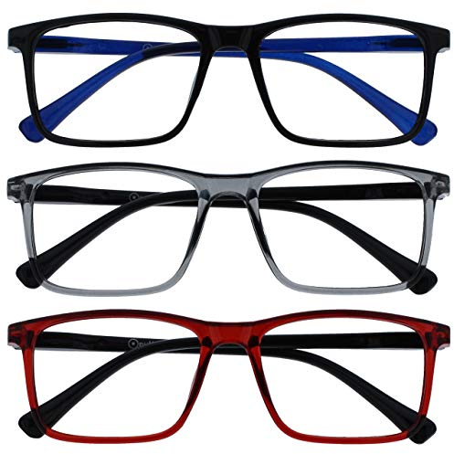 OPULIZE INK Gafas de Lectura - Pack de 3 - Montura Rectangular Grande - Negro Gris Rojo - Hombre Mujer - Bisagras de Muelle - RRR4-17Z - +2.50
