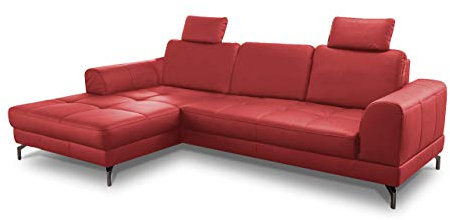 CAVADORE Ledergarnitur Benda/Großes Ecksofa mit XL-Longchair Links & Federkern/Inkl. Sitztiefenverstellung & Kopfstützen / 284 x 87 x 175 / Echtleder: Rot, feuerrot