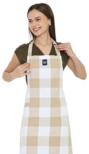 Encasa XO Kochschürze aus Baumwolle für Damen und Herren, Küchenschürze mit verstellbarem Nackenband, Tasche und Handtuchhalter, Kochen, Backen, Grillen, Buffalo Beige prüft, 68x85 cm