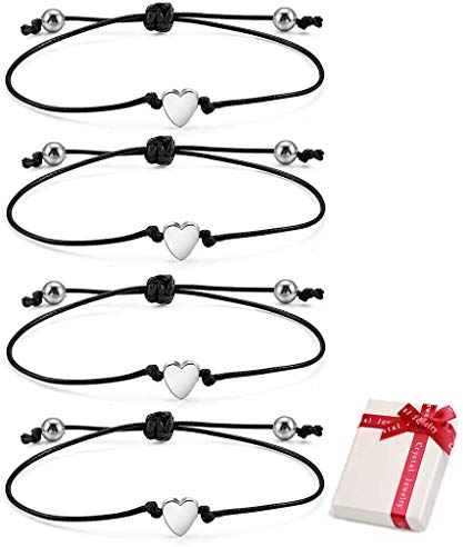 Feelairy 4 Stück Armband Damen Silber Freundschaftsarmband Herz Seil Armbänder, Verstellbar Schnur Armband Handgemacht Geflochten Armbänder Schmuck Geschenke für Beste Freundin Schwestern