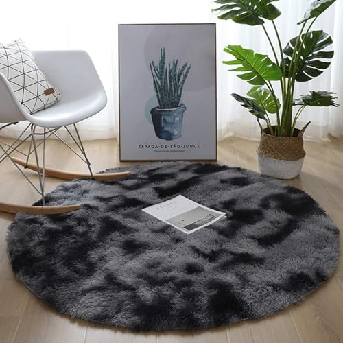 Leesentec Teppiche Runde Schlafzimmer Teppiche Wohnzimmer Anti-Rutsch-Weich Flauschiger Teppich Zottelige Fußmatten Groß für Flur (Schwarz/Grau, 140)