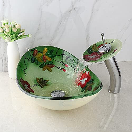 chicstyleme Aufsatzwaschbecken mit Armatur aus Gehärtetem Glas Ovales Waschbecken Tischwaschbecken Becken aus umweltfreundlich lackiertem Glas im Bad Aufsatzbecken mit Wasserhahn L540*W350*H165 mm